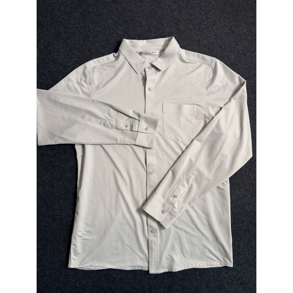 Travis Mathew Mens Large Grey White Micro Check Long Sleeve Button Down Shirt